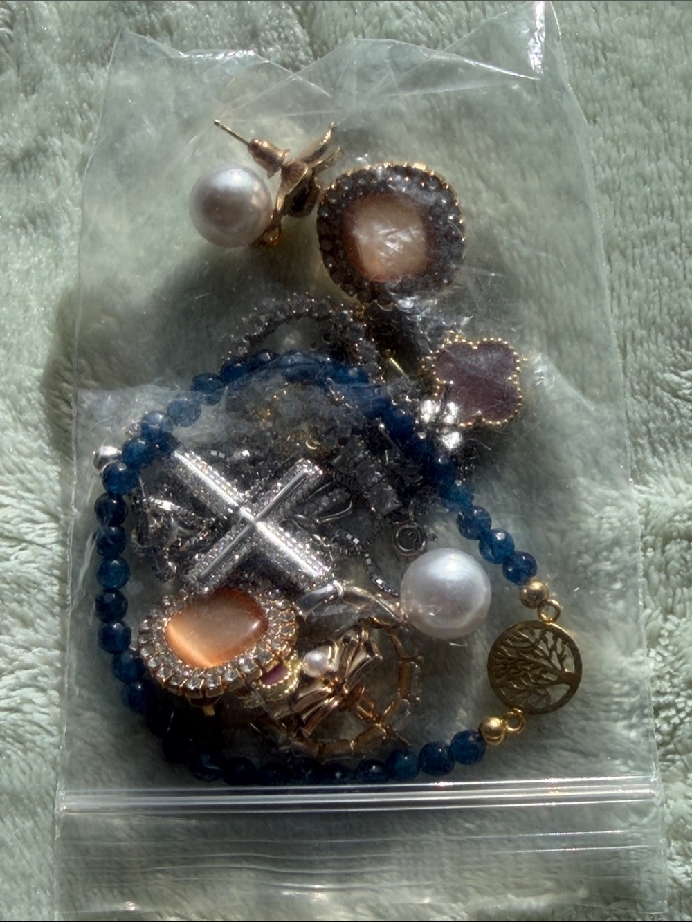 Gold Accent Blue Beaded Pearl Charm Bracelet - Women Jewelry